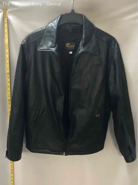 Reed Mens Black Leather Long Sleeve Collared Motorcycle Jacket Size Medium