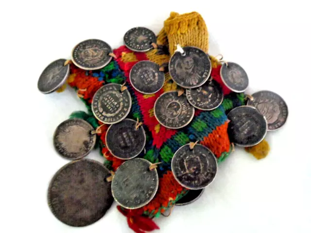 South American Bolivian or Peruvian Coca or coin purse with antique coins