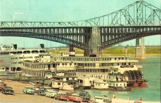 Postcard~St Louis, Missouri~Steamboats Riverfront Delta Queen Vintage Cars c1960