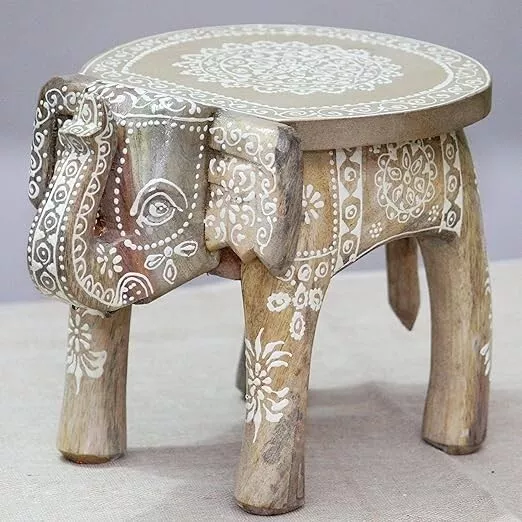 Elegant Hand-Painted Wooden Elephant Stool: Versatile Side Table for Home Decor