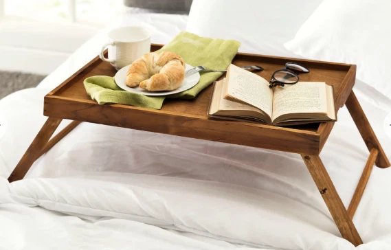Folding Multi-Purpose GLAZED Wood Bed Tray with Carved Handles by Home Basics