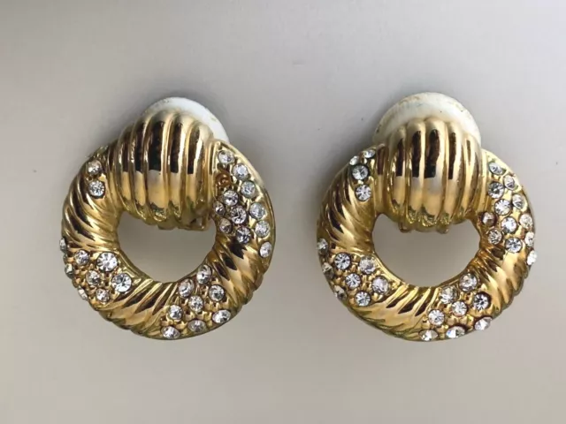 Beautiful Vintage French Designer Earrings  - Golden rings with crystals inserts
