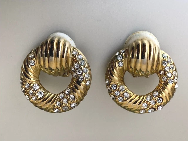 Beautiful Vintage French Designer Earrings  - Golden rings with crystals inserts