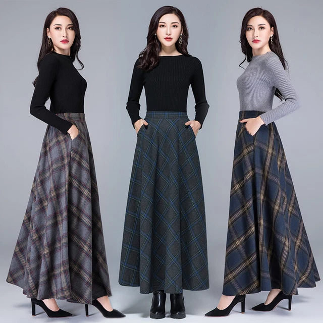 Femme Carreaux Faux Laine Jupe Écossais Trapèze Plissé Long Swing Taille Haute
