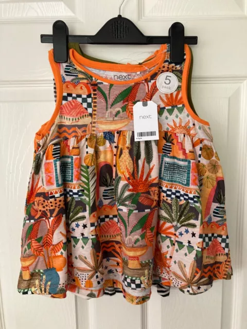 NEW NEXT Girls Multi Exotic Holiday Cotton Vest Tops 5 Pack Size 4-5 Years