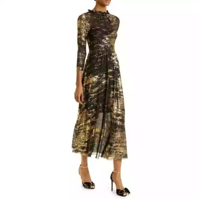 Ted Baker London Iggiey Metallic Black Gold Print Long Sleeve Midi Dress
