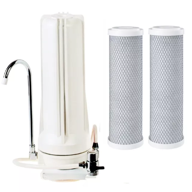 Water Filter White Bench Counter Top + 2x 5uM Carbon Block CTO Filters CT-1-C5