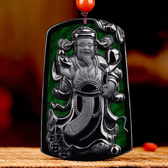 Grade A Natural Black Green Jade Jadeite Pendant Carved God of Wealth Money