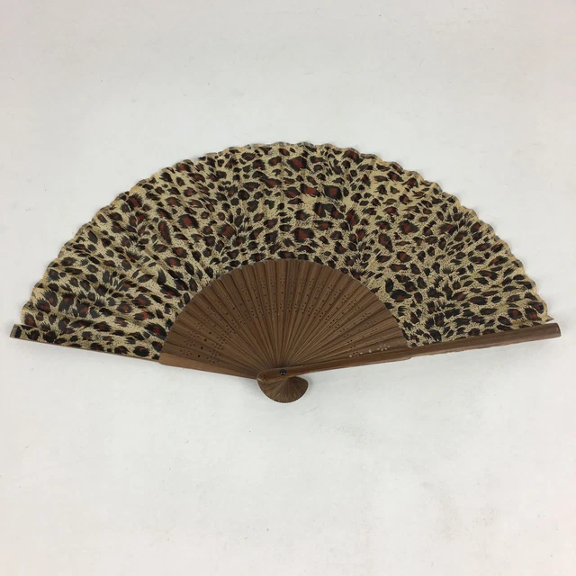 Japanese Folding Fan Vtg Sensu Bamboo Frame Fabric Leopard Pattern 4D567