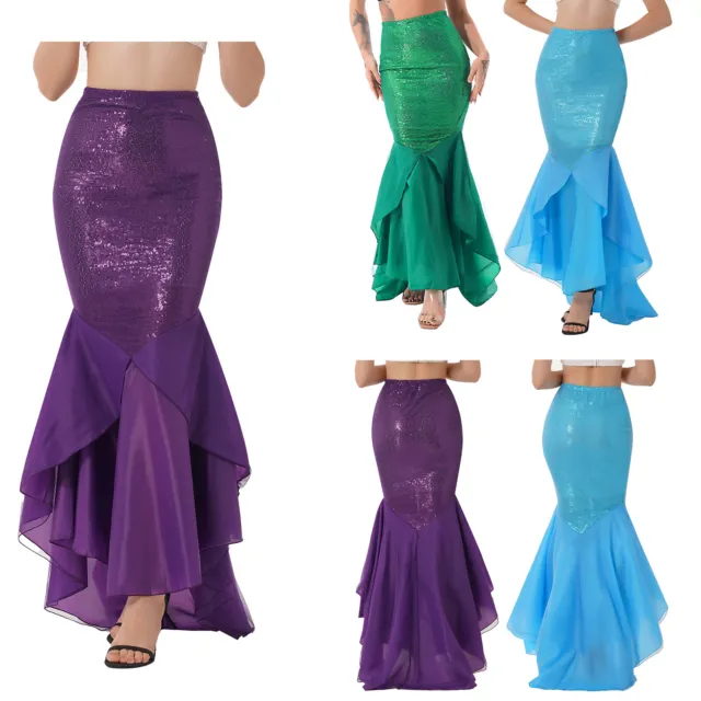 WOMEN'S SEQUINS LONG Skirt Mermaid Costume Fishtail Carnival Cosplay ...
