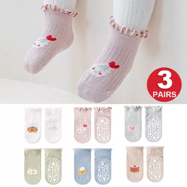 3 PAIRS Baby Girls Toddlers Non Slip Floor Socks Infant Kids Ruffle Cotton Socks