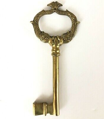 Vintage Solid Brass Skeleton Key Paperweight Wall Decor Gold Patina 8.4"