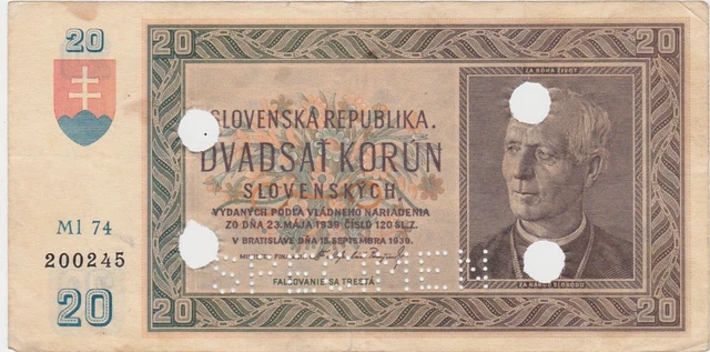 Slovakia 20 korun 1939 VF SPECIMEN