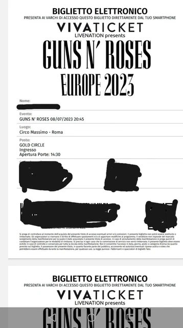 N. 2 biglietti Guns N' Roses Gold Circle 08/07/2023 Circo Massimo Roma