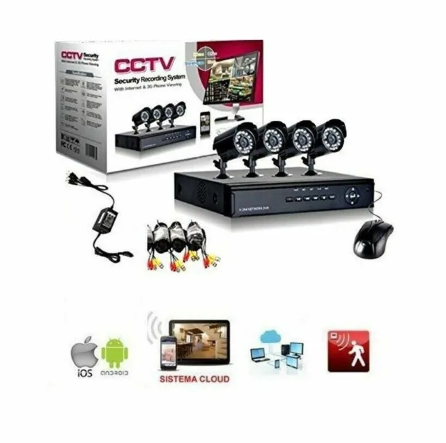 Kit Videosorveglianza CCTV 4 Canali Telecamera Infrarossi Dvr esterno interno