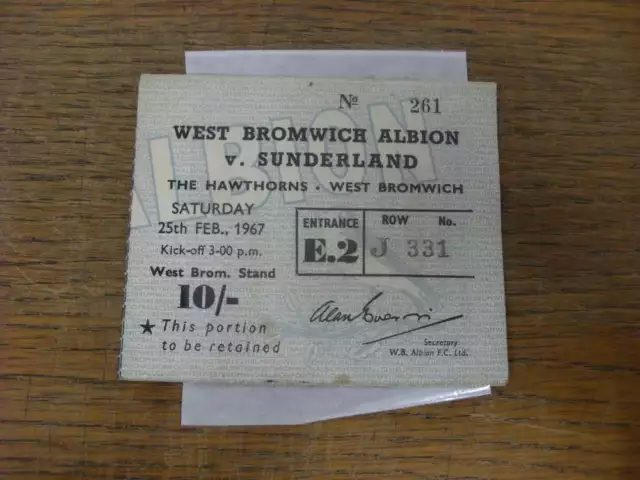 25/02/1967 Ticket: West Bromwich Albion v Sunderland (slight marked)