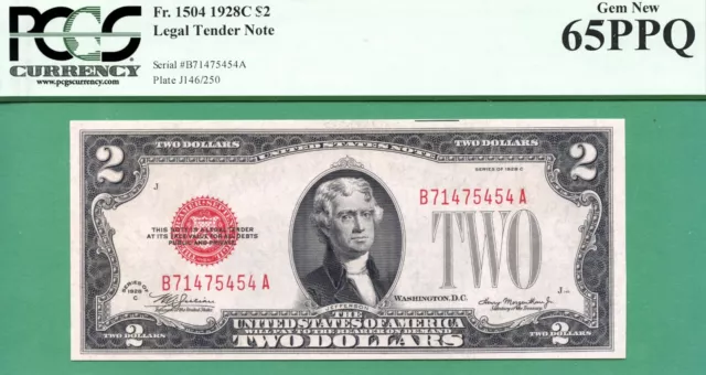 1928C $2 United States Note - PCGS GEM 65 with PPQ - Fr 1504 BA block- 1928 C