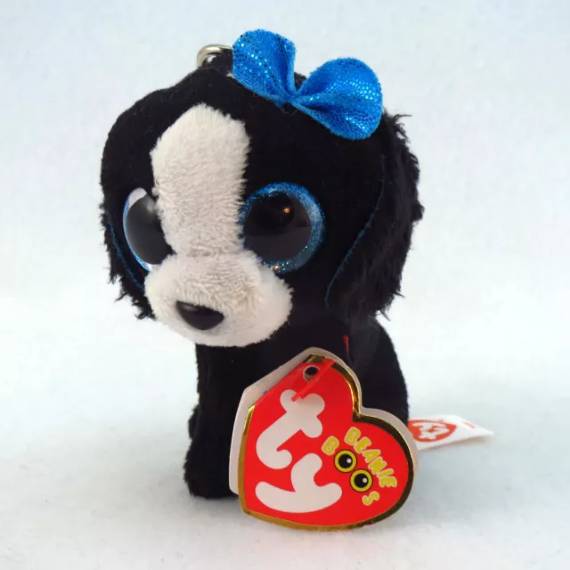 TY Tracey Beanie Boos Plush Keyring Black & White Dog Soft Toy 2018 Metal Clip