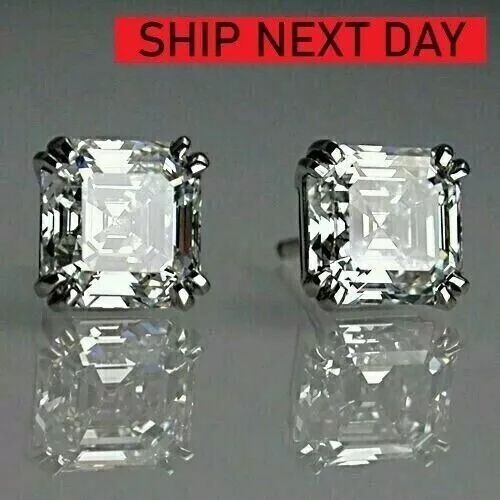 2CT ASCHER CUT Lab Created Diamond Women's Stud Earrings 14K White Gold ...