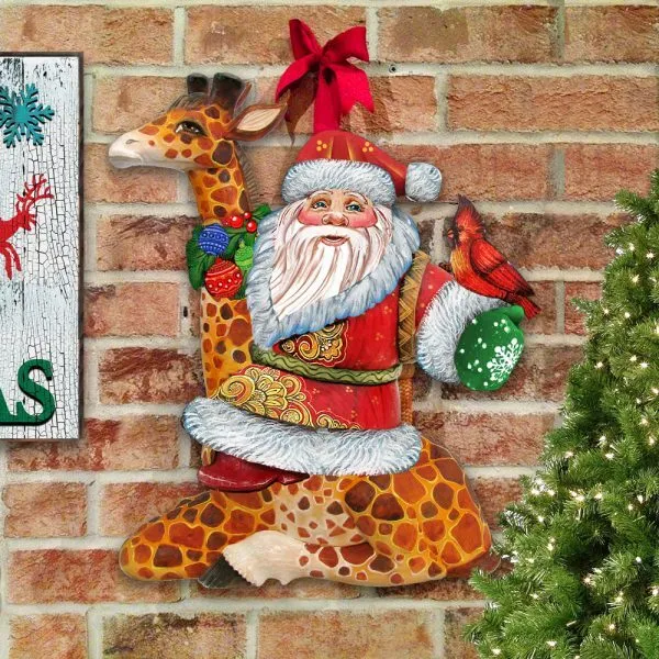 G DeBrekht 8111360H Papá Noel sobre jirafa madera vacaciones decorativo colgador de puerta mul