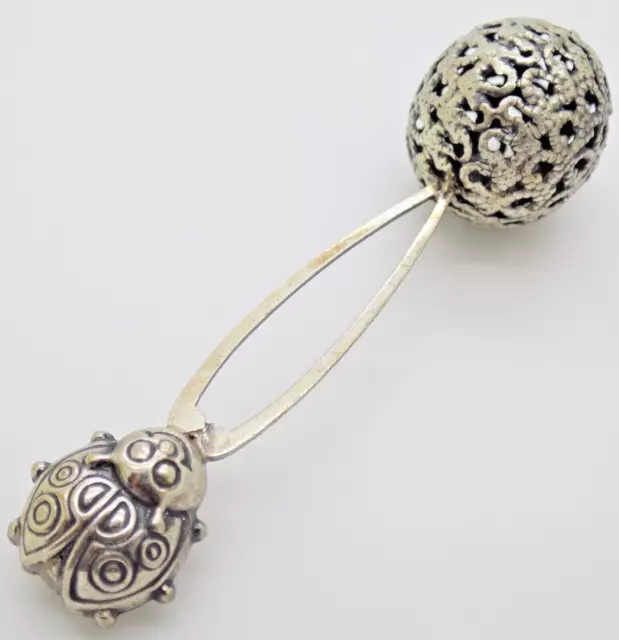 Vintage Italian Handmade Genuine Silver Decorative Baby Rattle w/t Ladybug