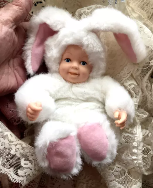 VTG WHITE PINK ANNE GEDDES Baby BUNNY RABBIT Rubber Face Furry PLUSH ...