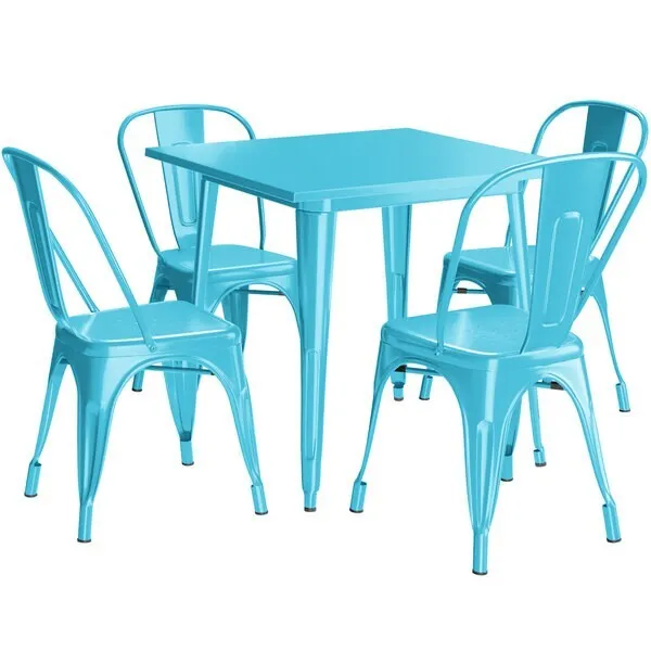31.5'' Square Artic Blue Metal Restaurant Table Set with 4 Chairs For Outdoor