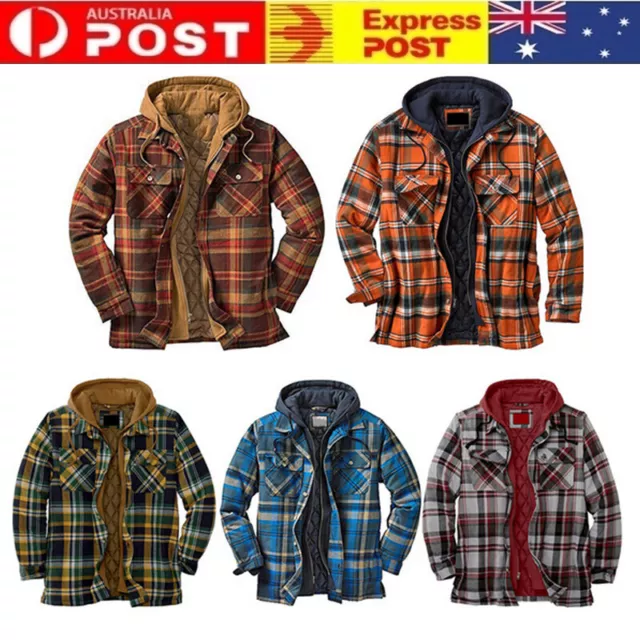 Men Winter Hooded Shirt Jacket Warm Thicken Flanne Lined Plaid Coat Outwear AU