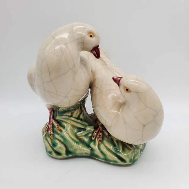 Antique Chinese Crackle Porcelain Doves Pigeon Figure Statue Green Base Vintage