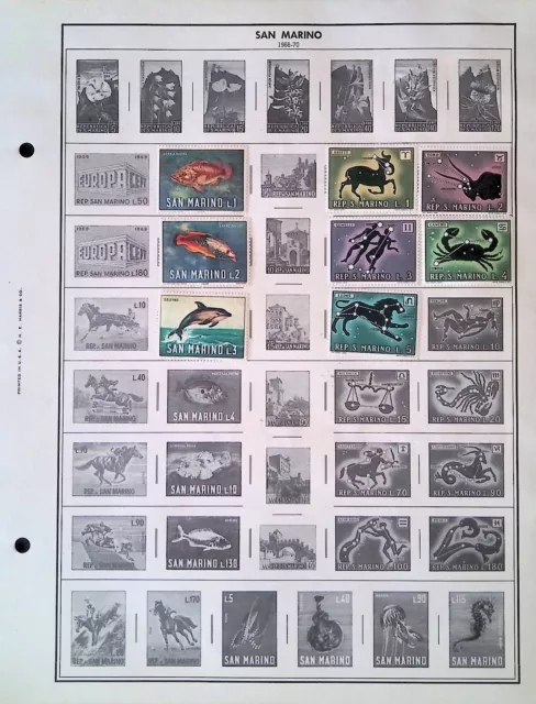 Mint San Marino Postage Stamps on Harris Album Page 1966-1972