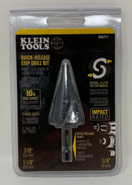 KLEIN TOOLS QRST11 Quick-Release Step Drill SPIRAL FLUTE 7/8 to 1-1/8-Inch NEW