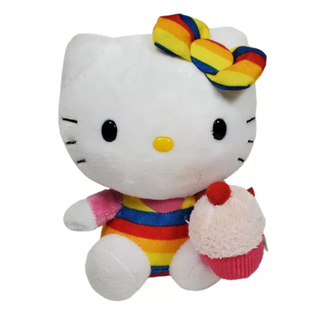 Ty Sanrio Hello Kitty Beanie Babies Rainbow Cupcake Bow Plush Stuffed Animal