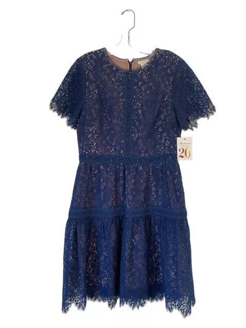 NWT Shoshanna Blue Short Sleeve Lace Nude Navy Panel Fit & Flare Dress Size 10