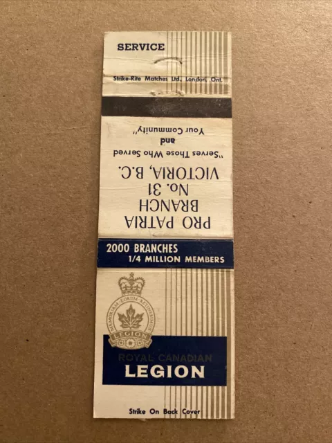Vintage Matchbook Cover, Royal Canadian Legion Victoria B.C. Match Book ZC12