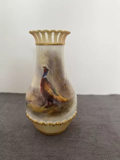 Royal Worcester reticulated vase Pheasant in woodland scene by Jas Stinton 1910