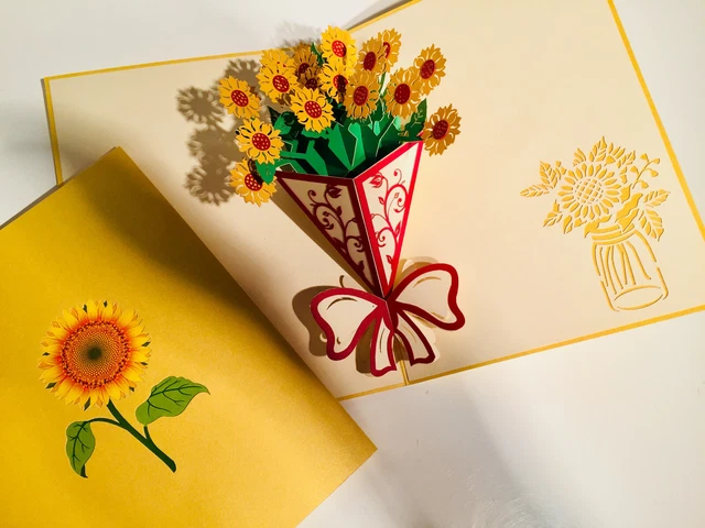 ORIGAMI POP CARDS Golden Sunflower Bouquet 3D Pop Up Greeting Card ...