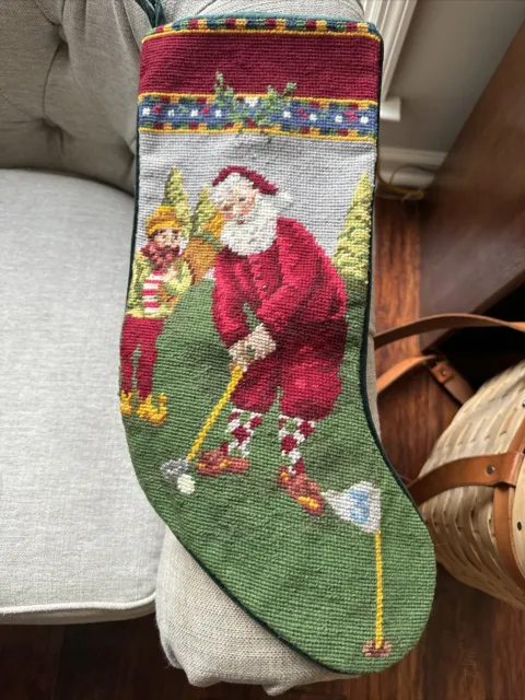 Vintage “Golfing Santa” Needlepoint Christmas Stocking w/ Red Velvet Back