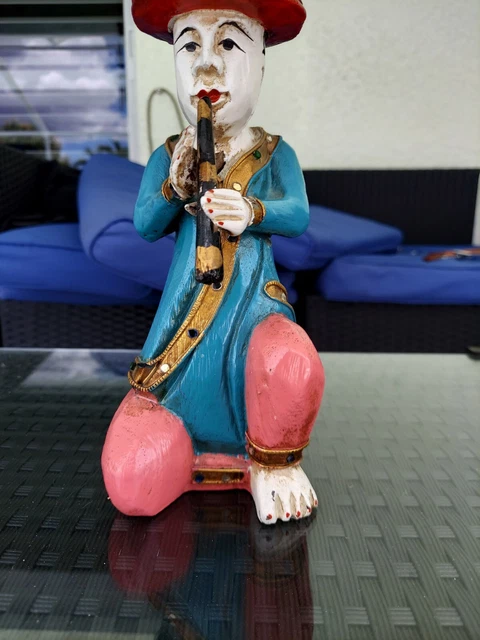 Vintage BURMESE THAI Musician Figure Hand Carved & Painted Solid Wood, Kneeling