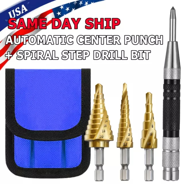 HSS 4PCS Titanium Step Drill Bit Set W Automatic Center Punch High Speed Steel