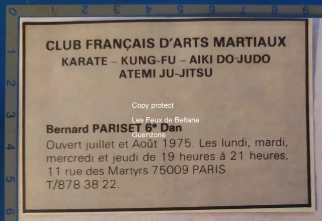 Publicité vintage Club francais d'arts martiaux Bernard PARISET 1975 advert