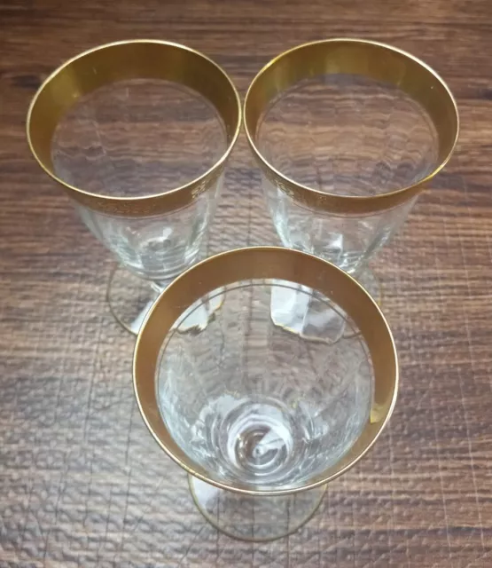 Vintage Etched  Ice tea Glasses, Gold Decorated Rim4 3/4" tall  Set of 3
