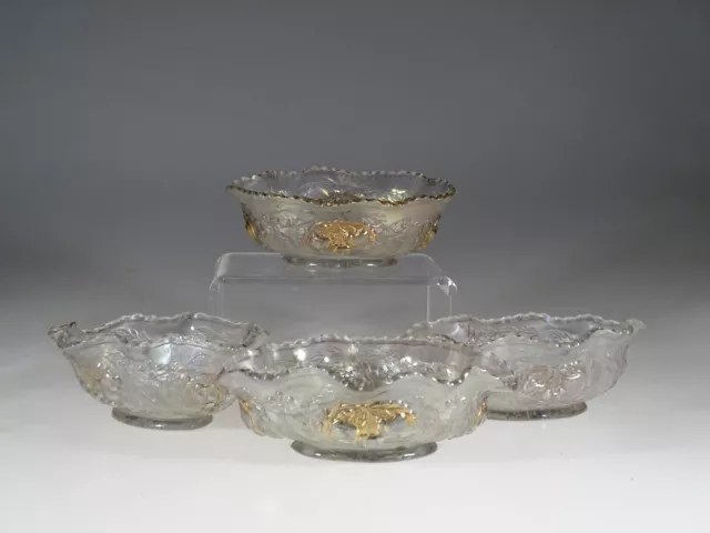 Set 4 Dugan Glass Carnival Glass White Opalescent Wreathed Cherry Bowls c.1910