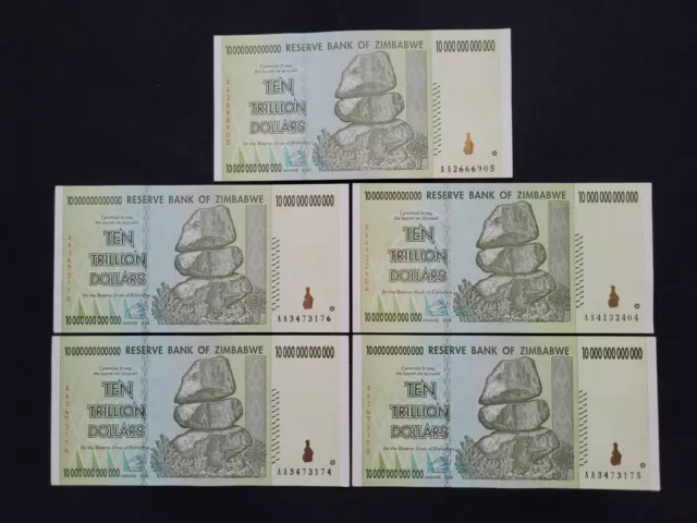 Zimbabwe 5 x 10 Trillion Dollars 2008 Pick 88 Lot 5 Pcs