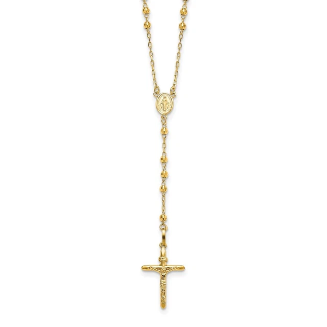 Real 14K Yellow Gold Diamond-cut 3mm Beaded Rosary Necklace; 24 inch Real 14K Yellow Gold Diamond-cut 3mm Beaded Rosary Necklace; 24 inch