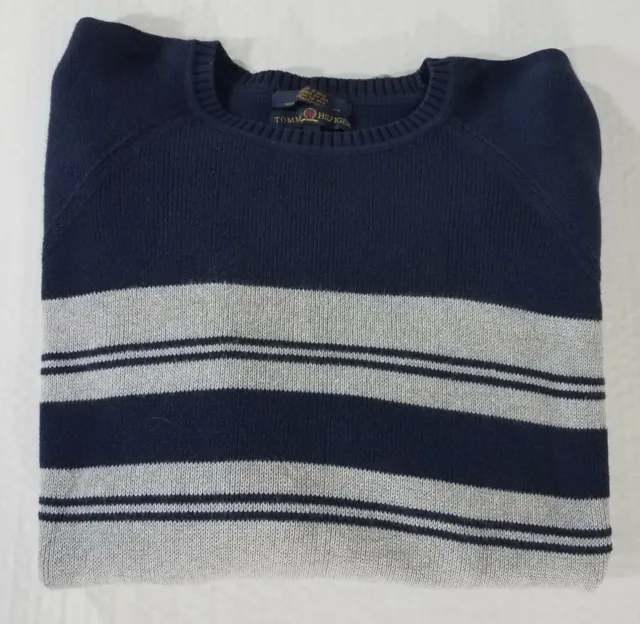 Tommy Hilfiger Colorblock Striped Crew Neck Sweater Crest Logo Men L Gray Blue