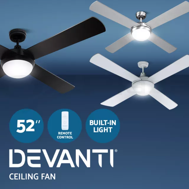 Devanti 52'' Ceiling Fan Fans w/ Light Remote Control Fans 4 Blades Black White