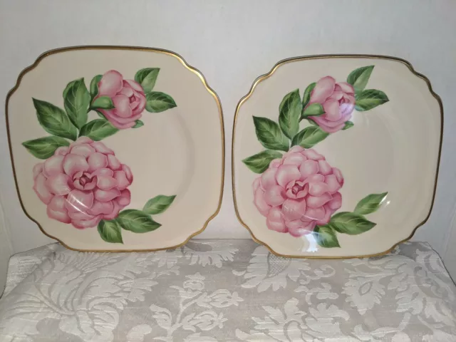 Syracuse Camelia 8" Square Plates Gold Trim Onondaga Pottery Co. Set of 2