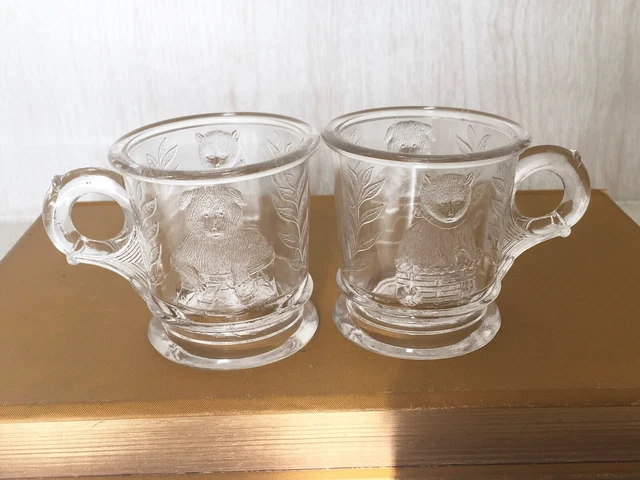 Antique EAPG Pair Children’s Glass Mugs Dog Cat Leaves