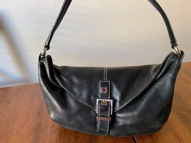 Perlina New York Black Leather Purse Two Zip Pockets Shoulder Bag