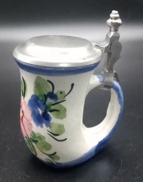 Vintage ZINN QUIST 3" Mini Floral Viking Horn Beer Stein W/Pewter Lid, Germany